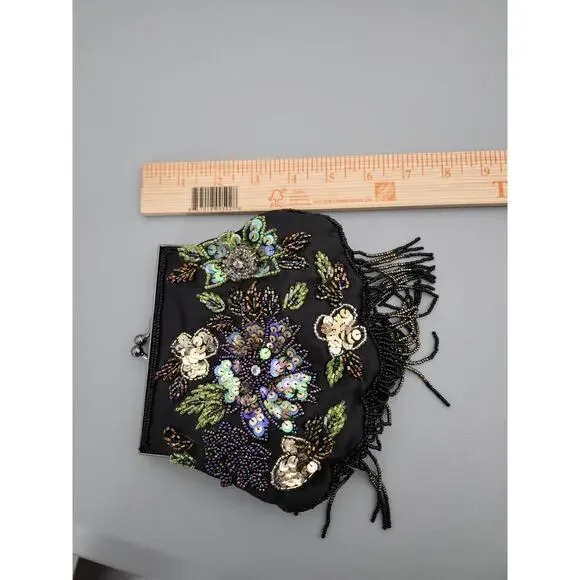 Black Sequin Bead Embellished Evening Bag Crossbody Purse Kiss Clasp 1 Pocket - Picture 6 of 6